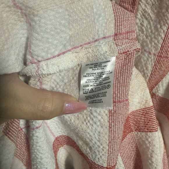 Loft Women Cuff Short Sleeve Plaid Seersucker Oversize Blouse Pink/White Medium - Picture 6 of 7